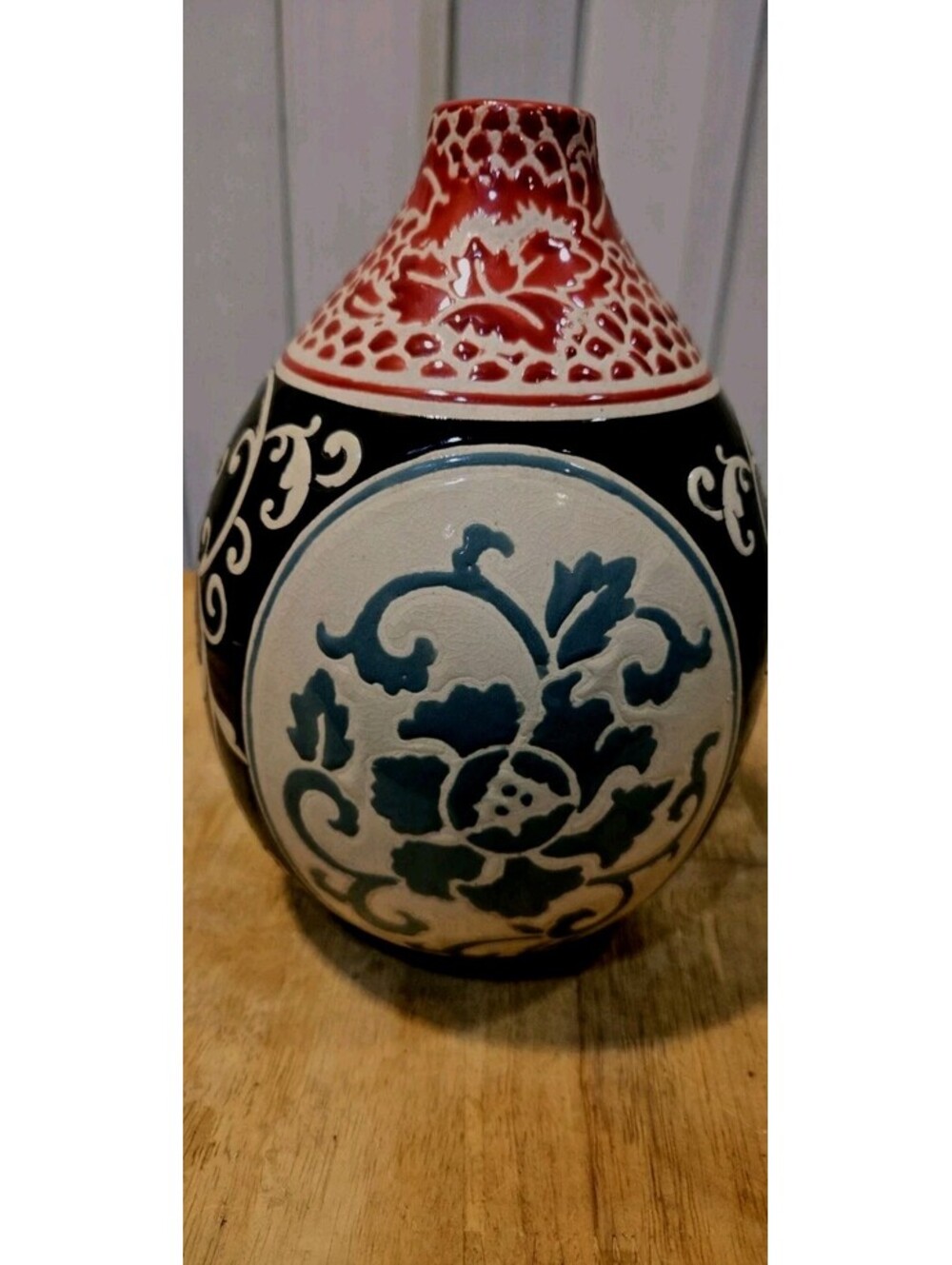 Red, Black & Blue Ceramic Vase. 9"T By 8"W Mint Condition